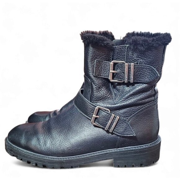 Zara Basic black leather moto combat boots zipper shearling lined EU41 US10 - Picture 10 of 16